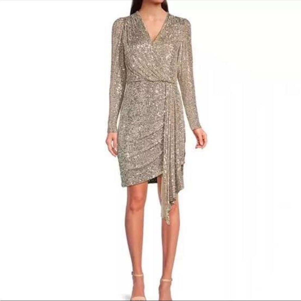 NWT Alex Marie Chrissy Metallic Knit Surplice V Neck Long Sleeve Faux Wrap Dress